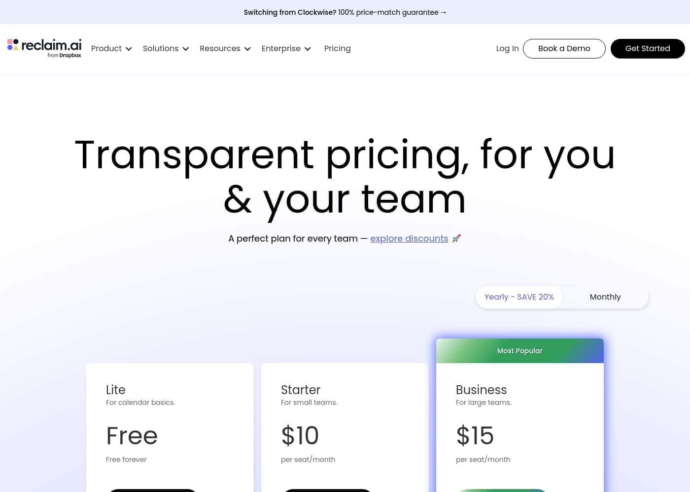 Reclaim.ai pricing page screenshot