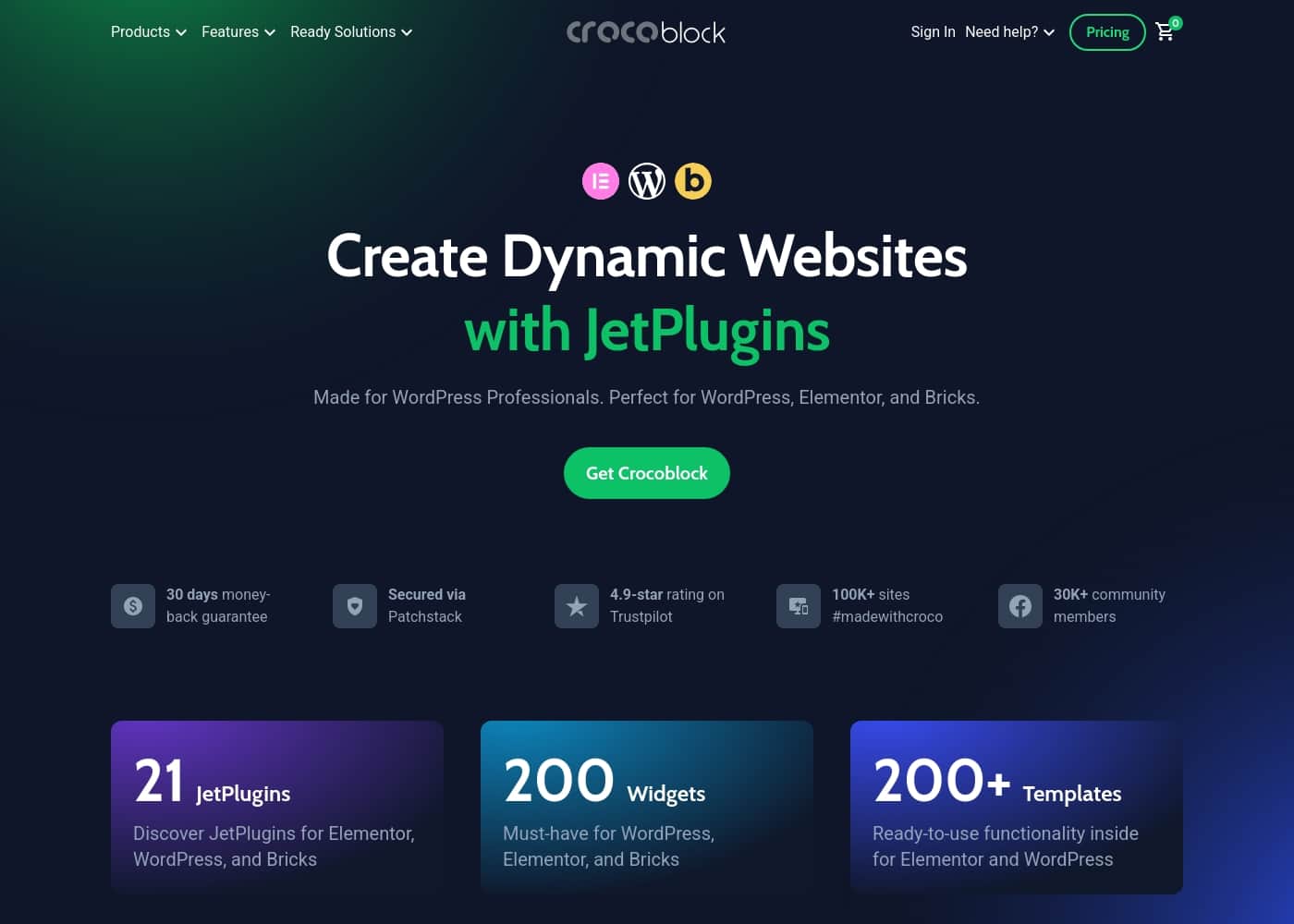 Captura de ecrã da página inicial do Crocoblock