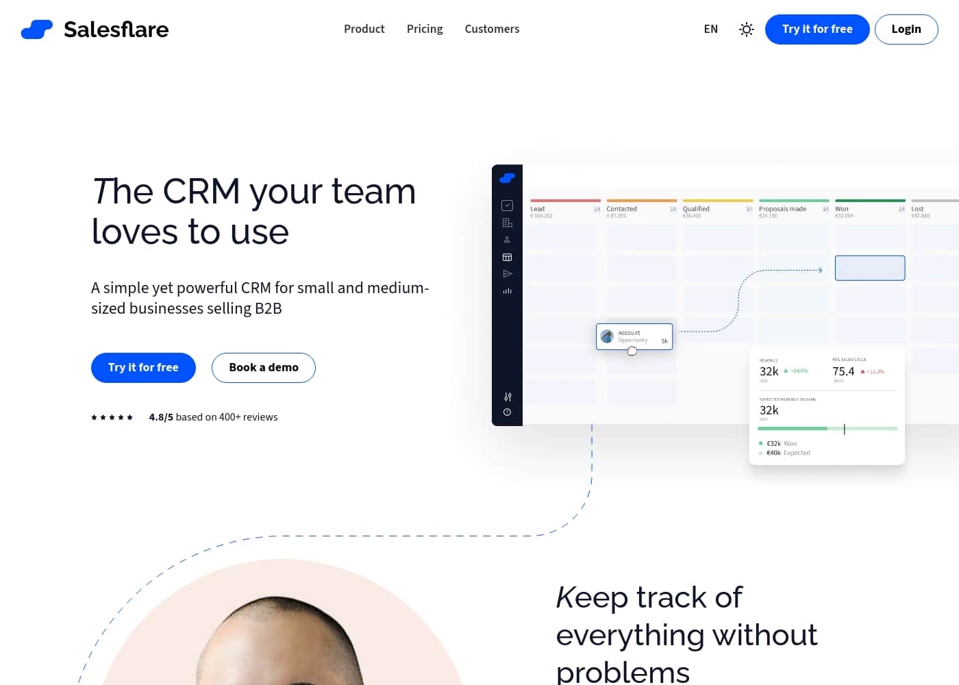 Salesflare 홈페이지 스크린샷