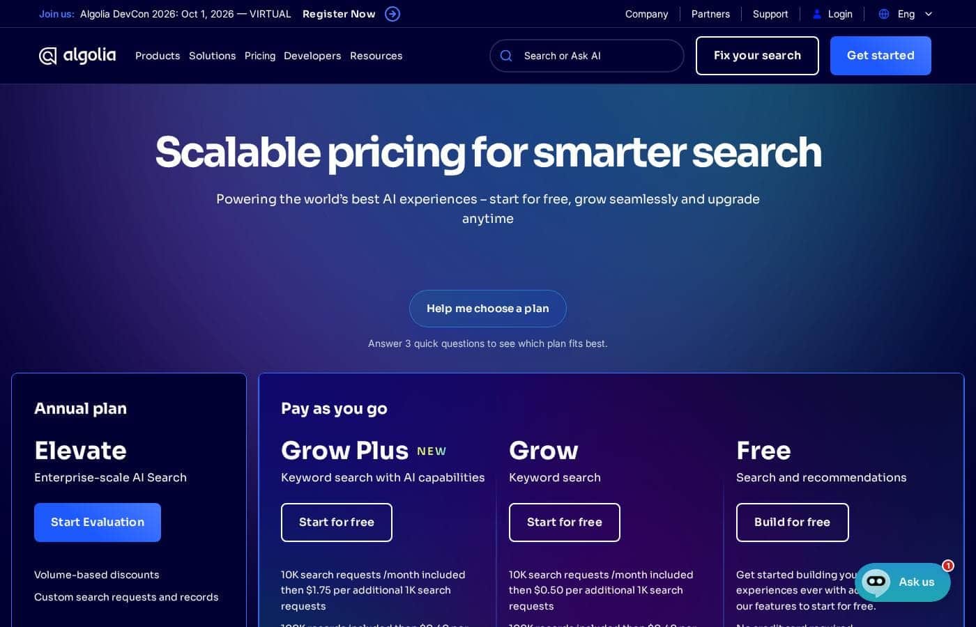 Algolia pricing page screenshot