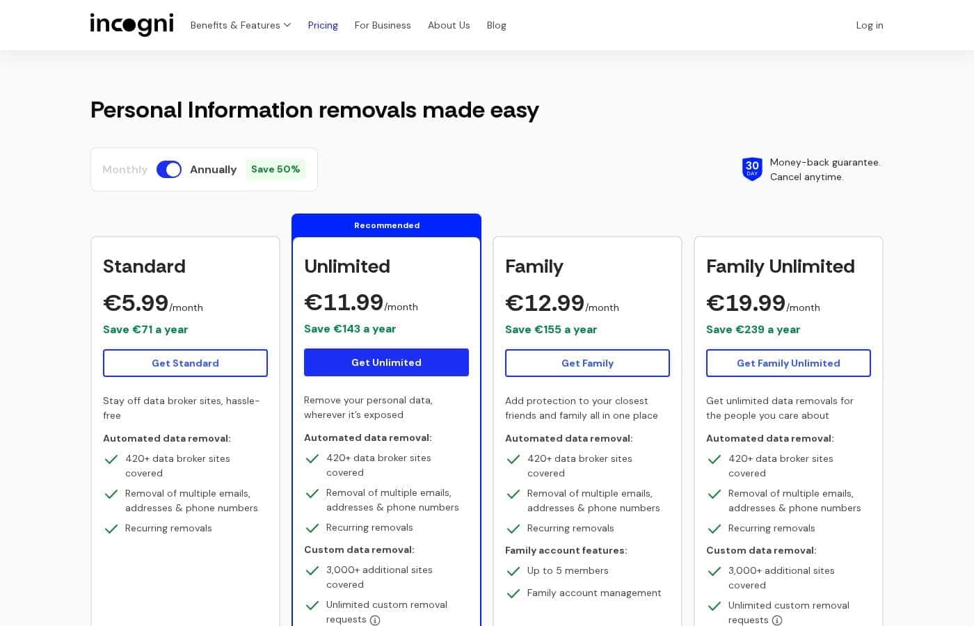 Incogni pricing page screenshot