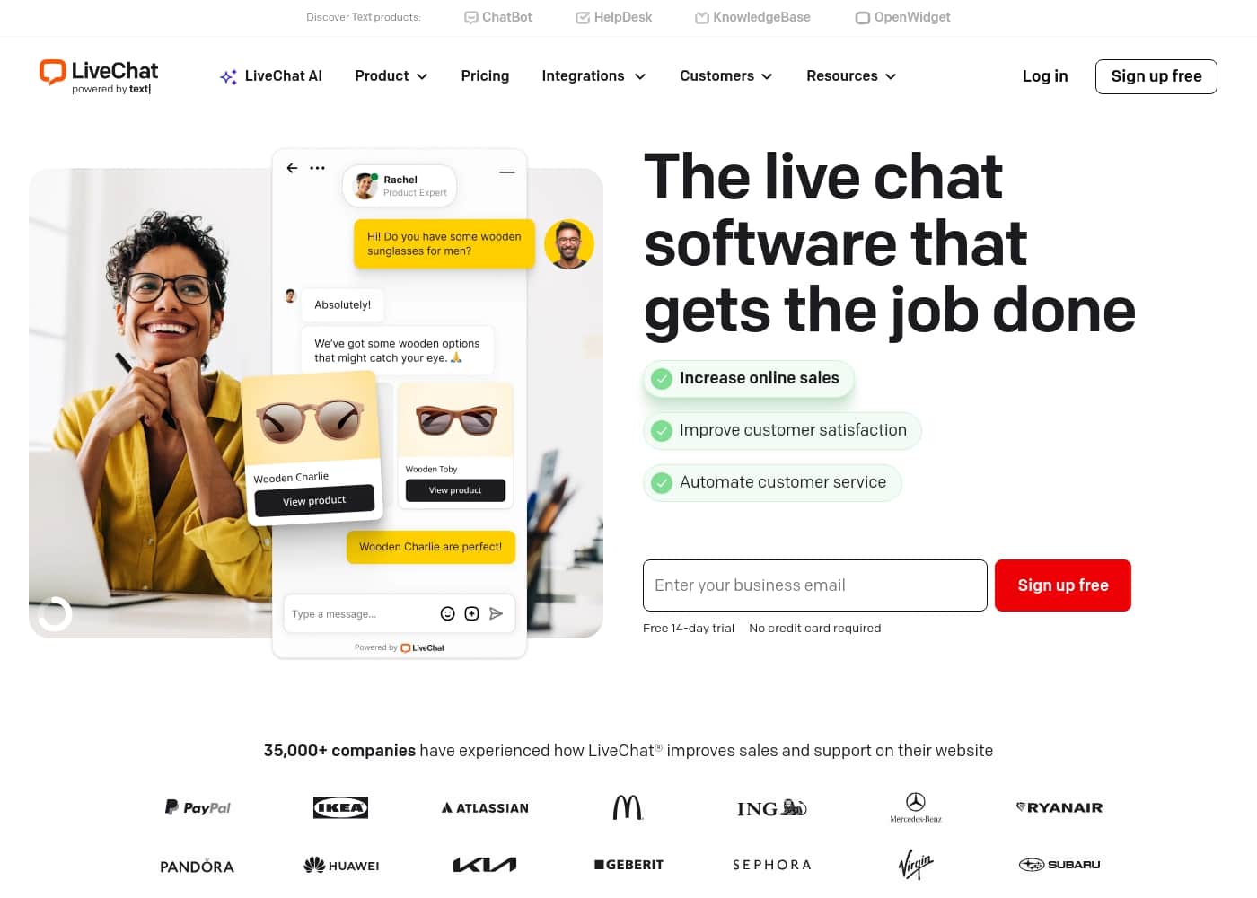 LiveChat 홈페이지 스크린샷
