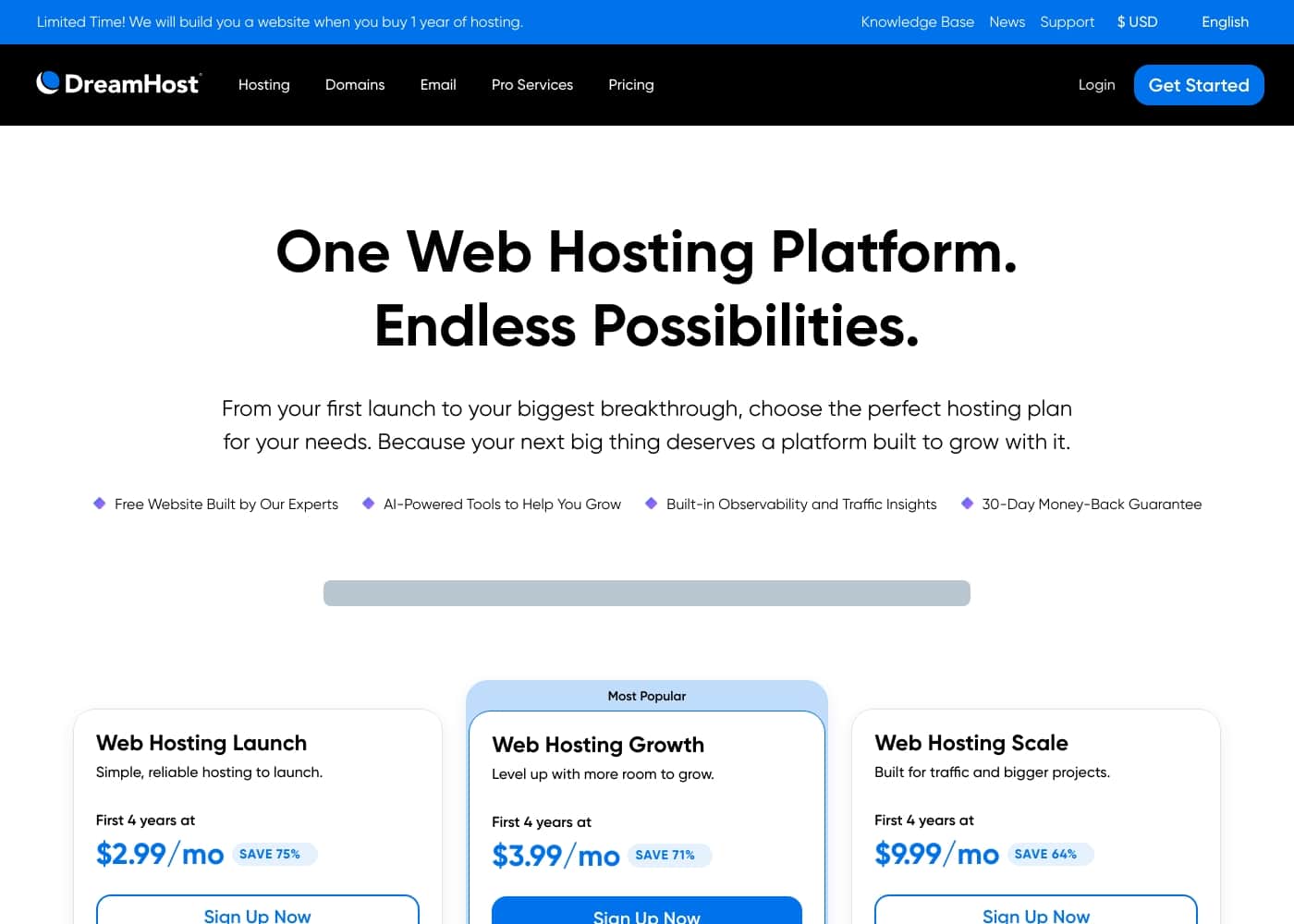 ภาพหน้าจอหลักของ DreamHost