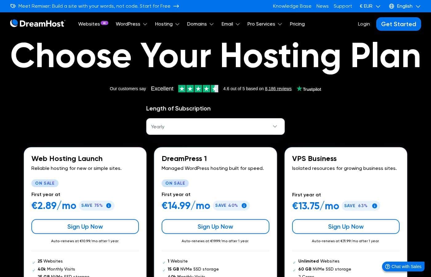 Capture d'écran de la page d'accueil DreamHost