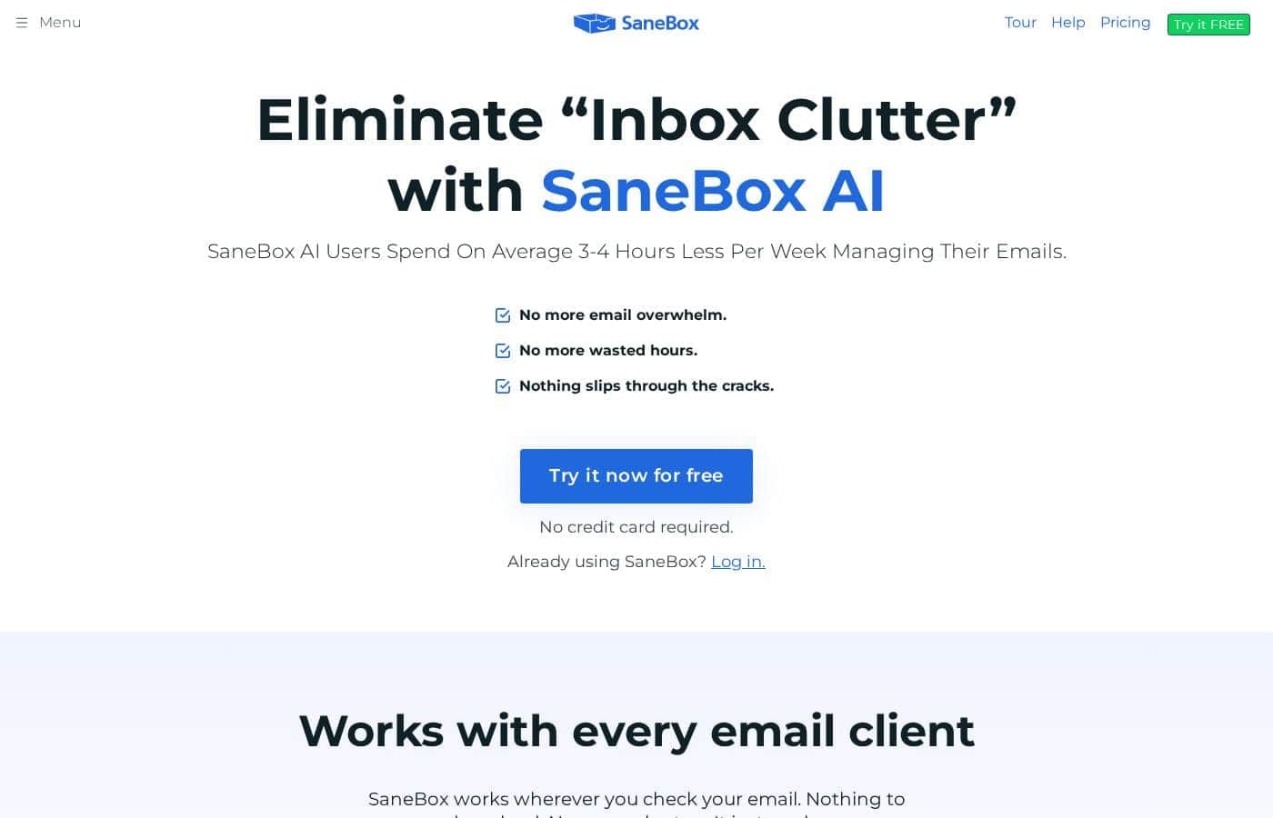SaneBox homepage screenshot