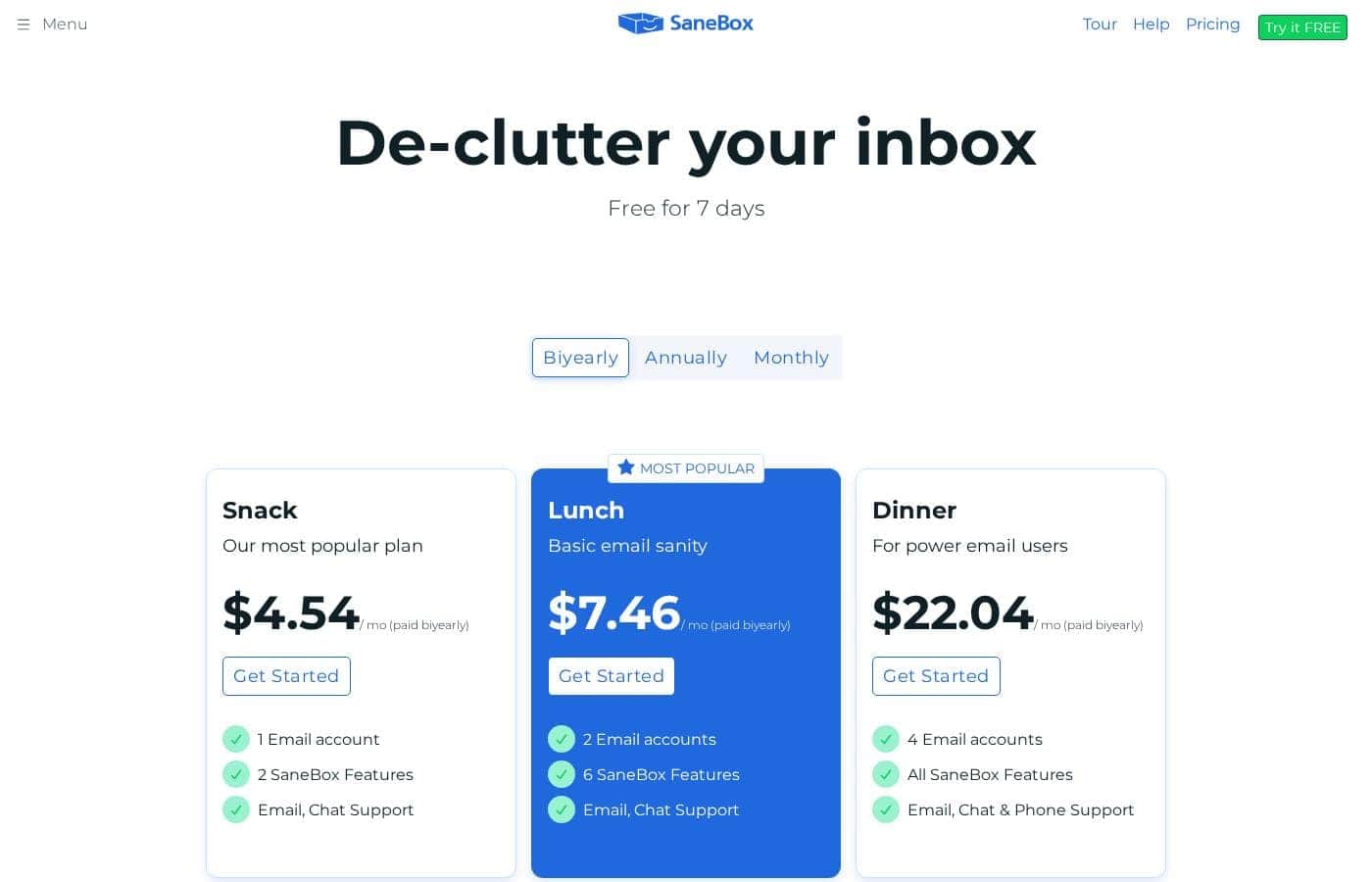 SaneBox pricing page screenshot