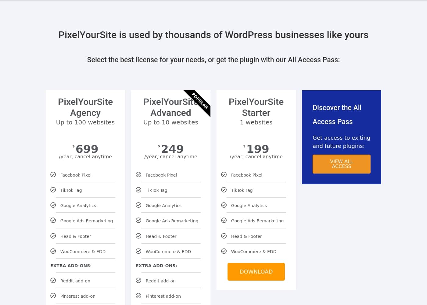 PixelYourSite pricing page screenshot