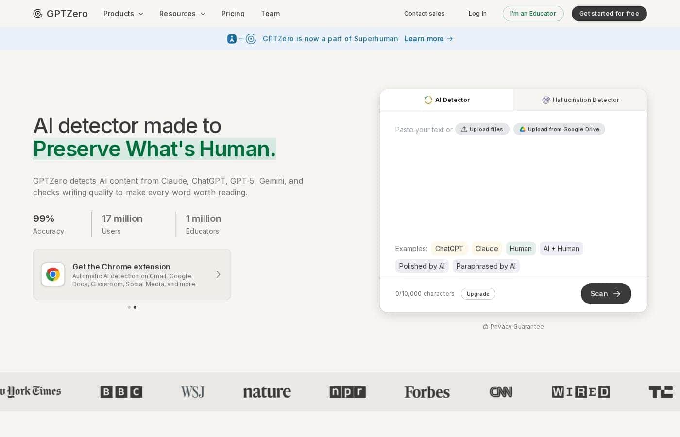 GPTZero homepage screenshot