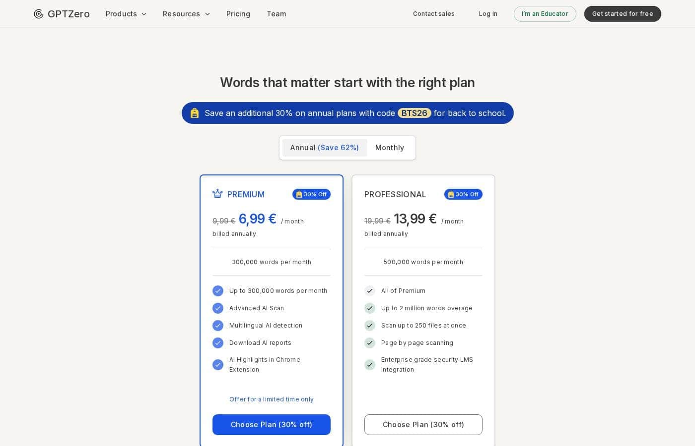 GPTZero pricing page screenshot