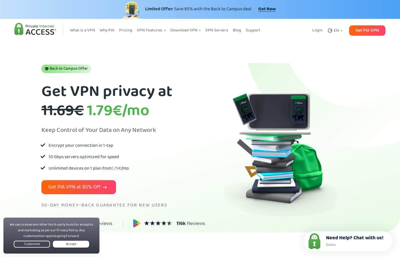 PIA VPN homepage screenshot