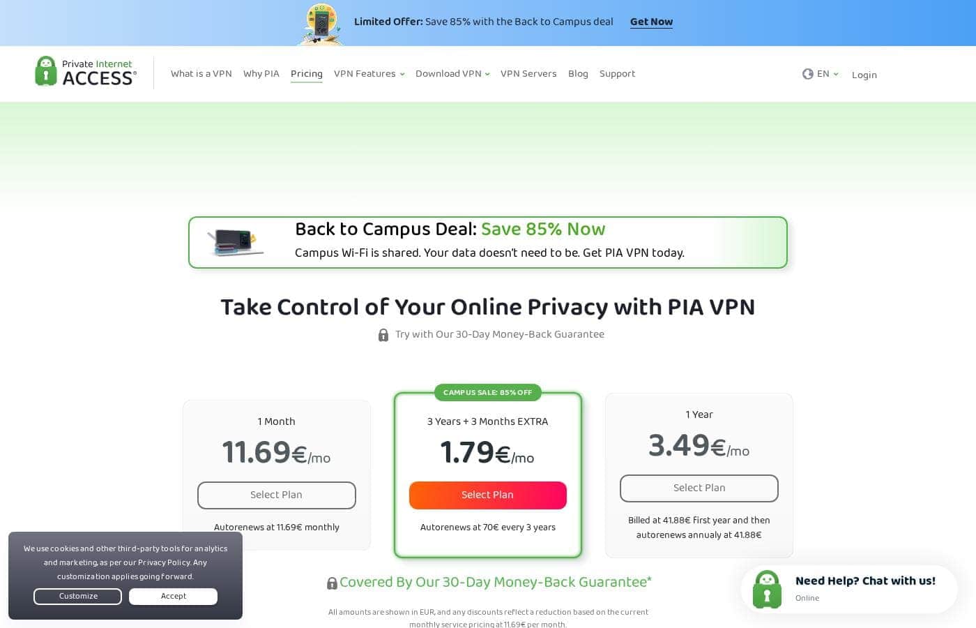 PIA VPN pricing page screenshot