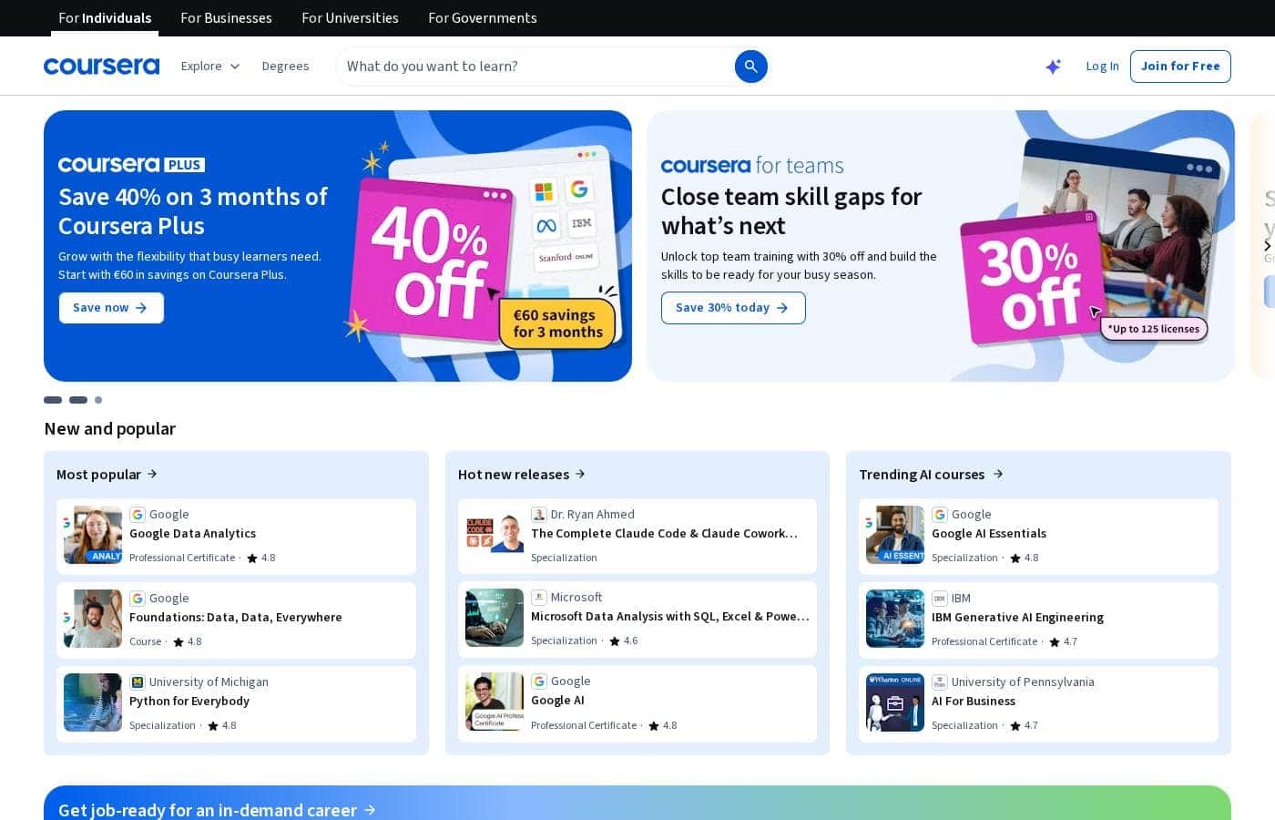 ภาพหน้าจอหลักของ Coursera