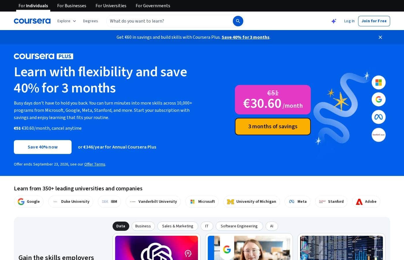 ภาพหน้าจอหน้าราคาของ Coursera