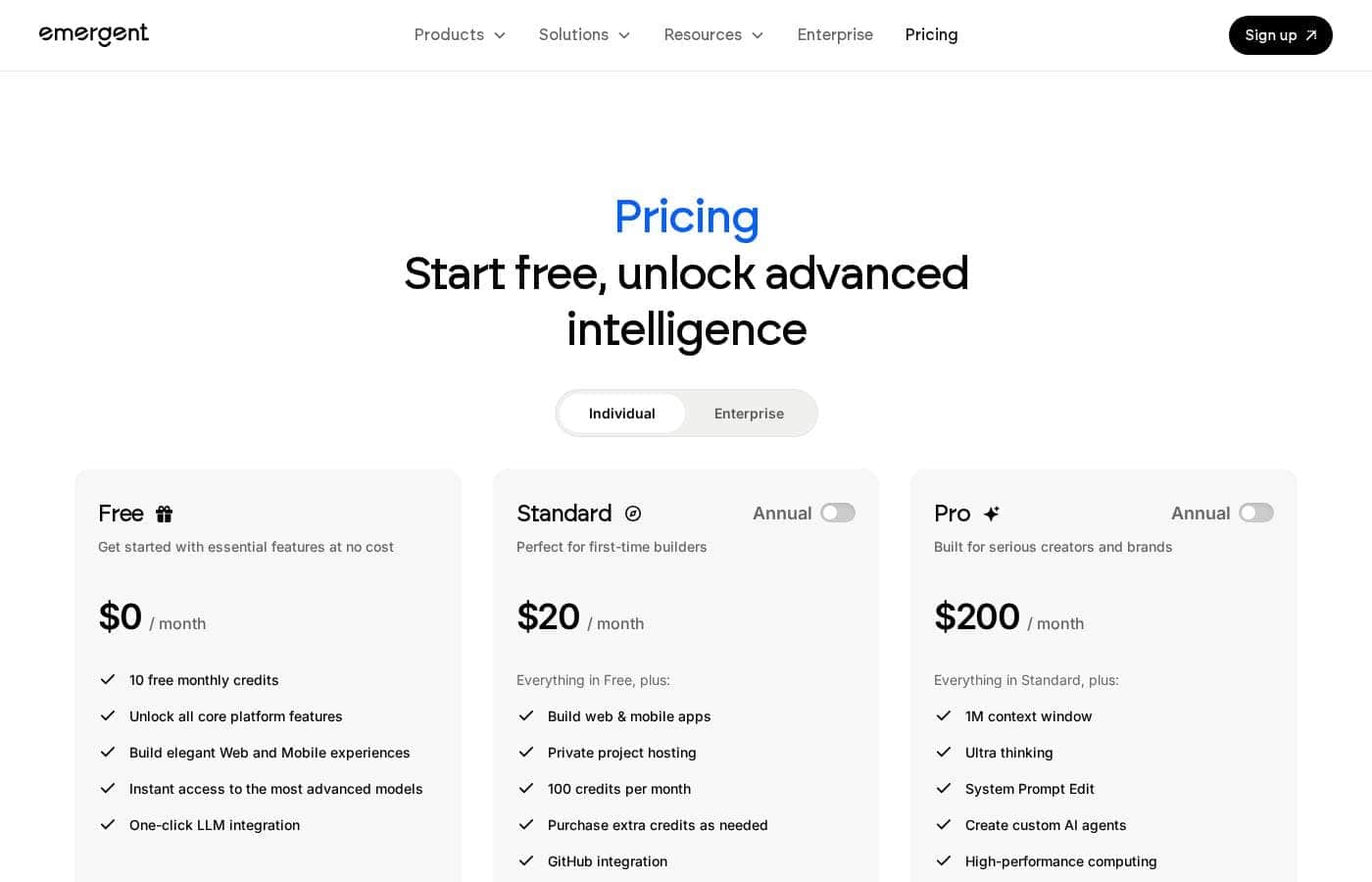 Emergent pricing page screenshot
