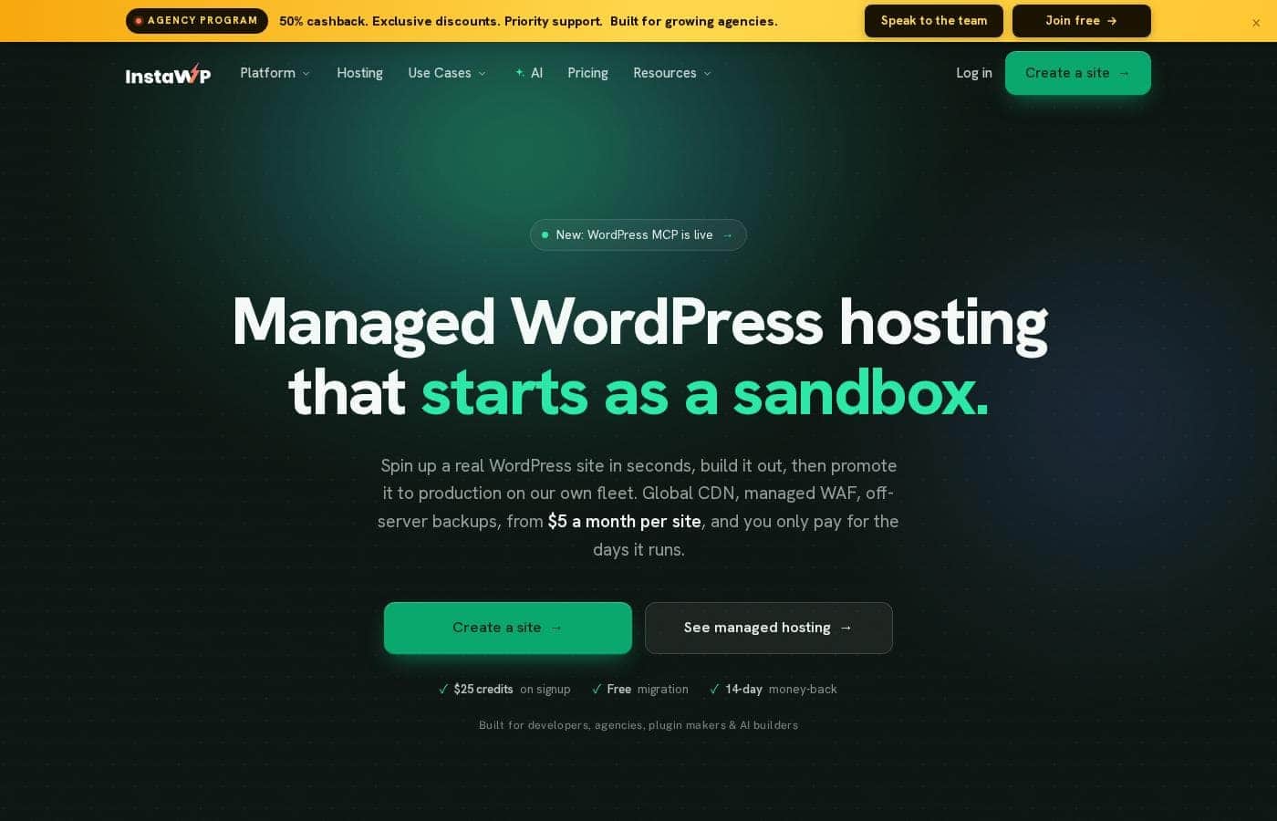 InstaWP homepage screenshot