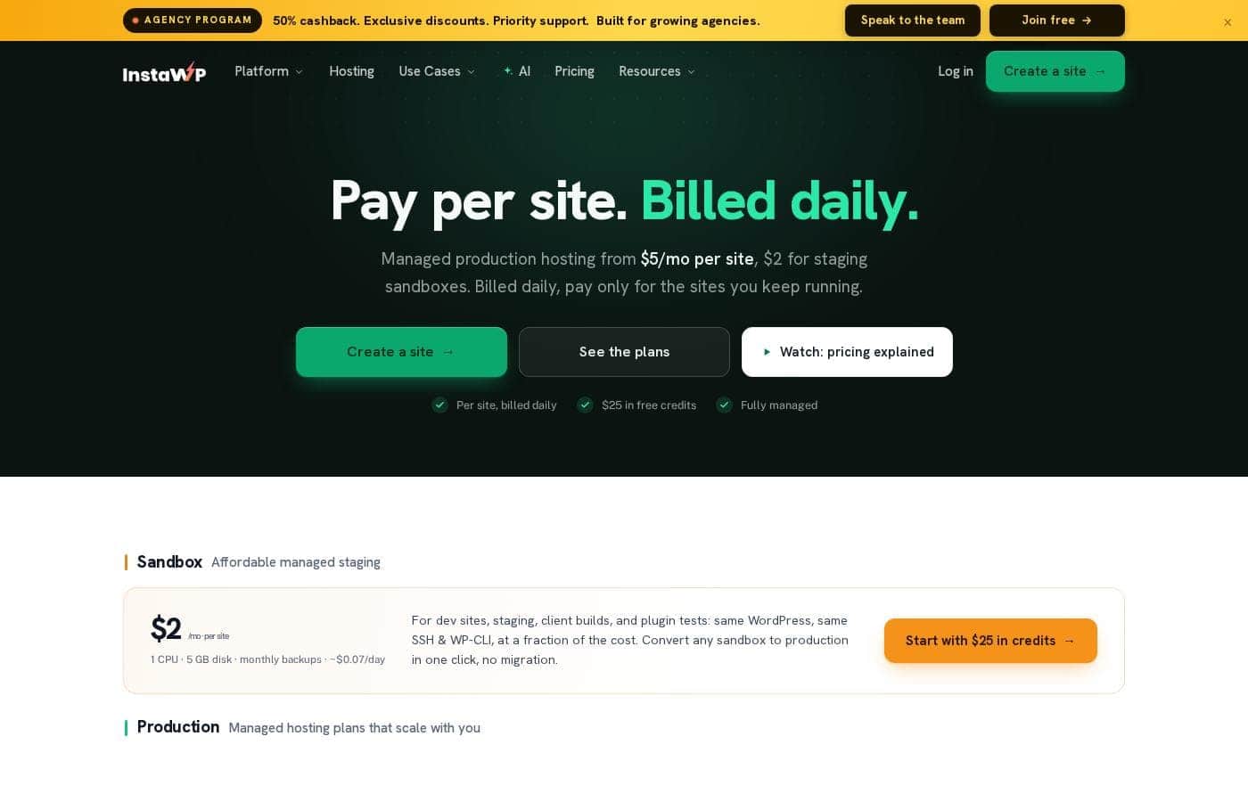 InstaWP pricing page screenshot
