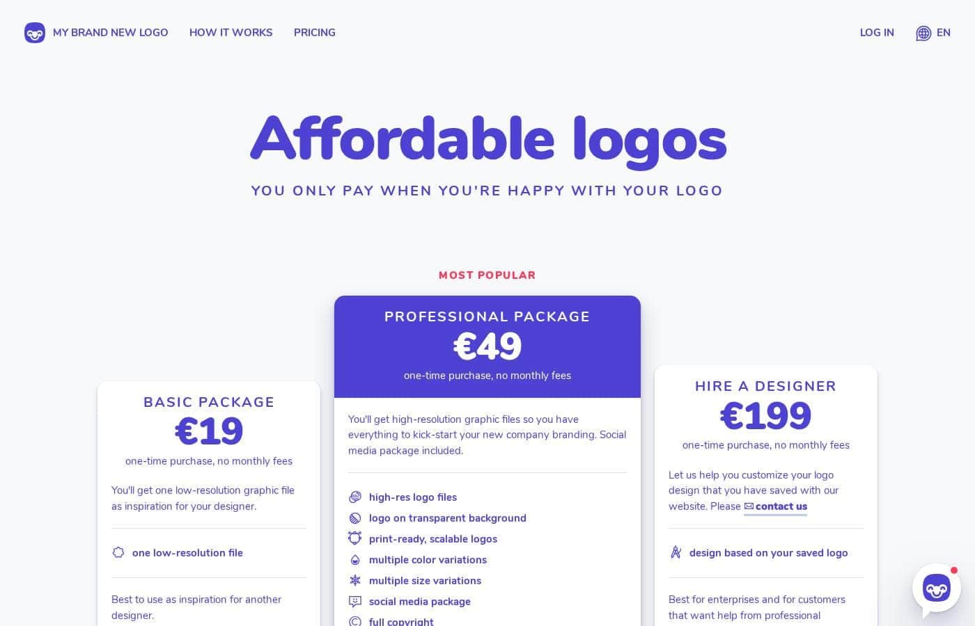 My Brand New Logo pricing page screenshot