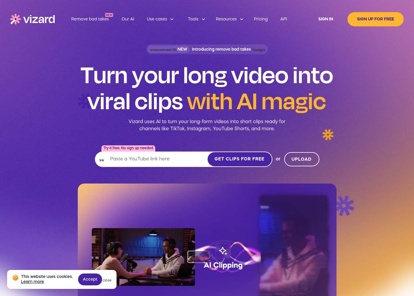 Vizard.ai 홈페이지 스크린샷