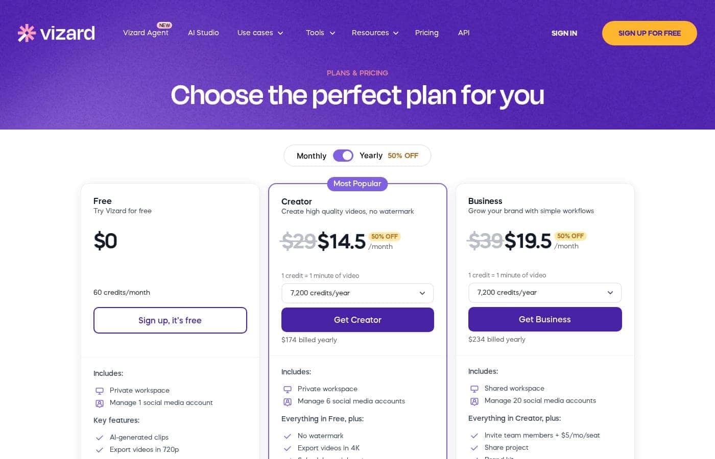 Vizard.ai pricing page screenshot
