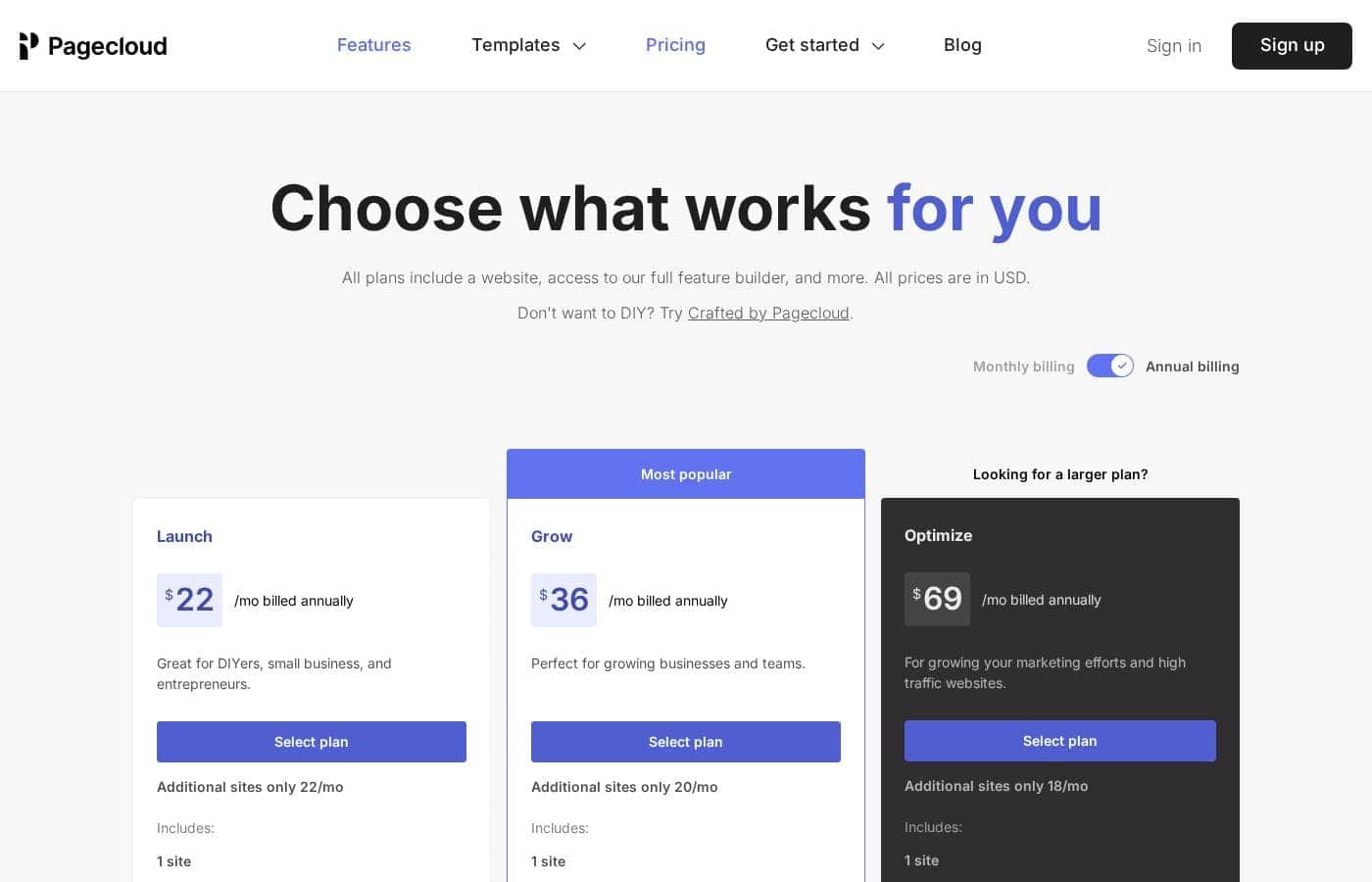 PageCloud pricing page screenshot