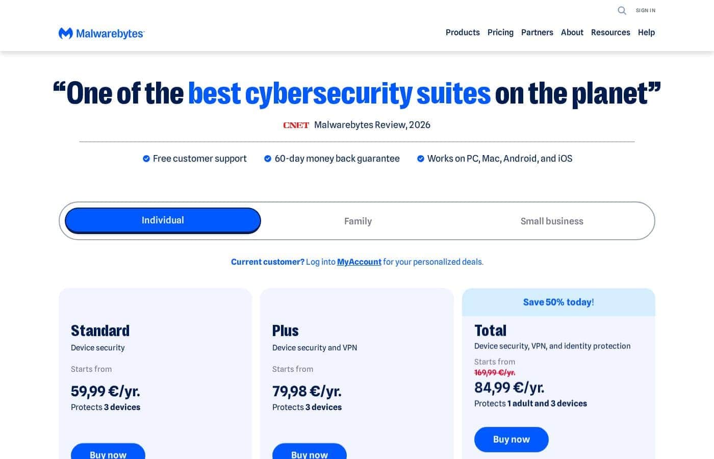 Malwarebytes 가격 페이지 스크린샷