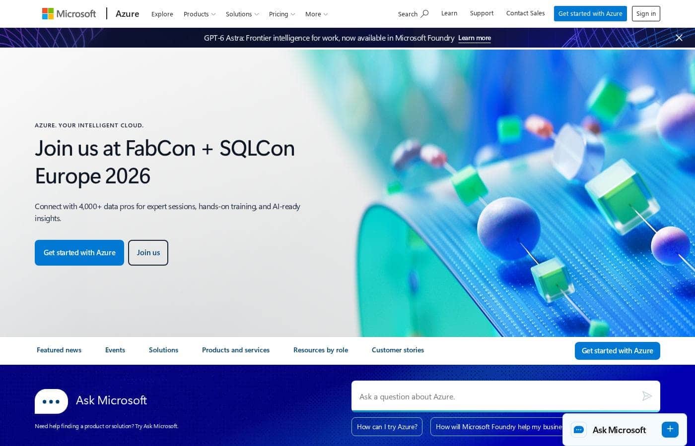 Microsoft Azureのホームページスクリーンショット