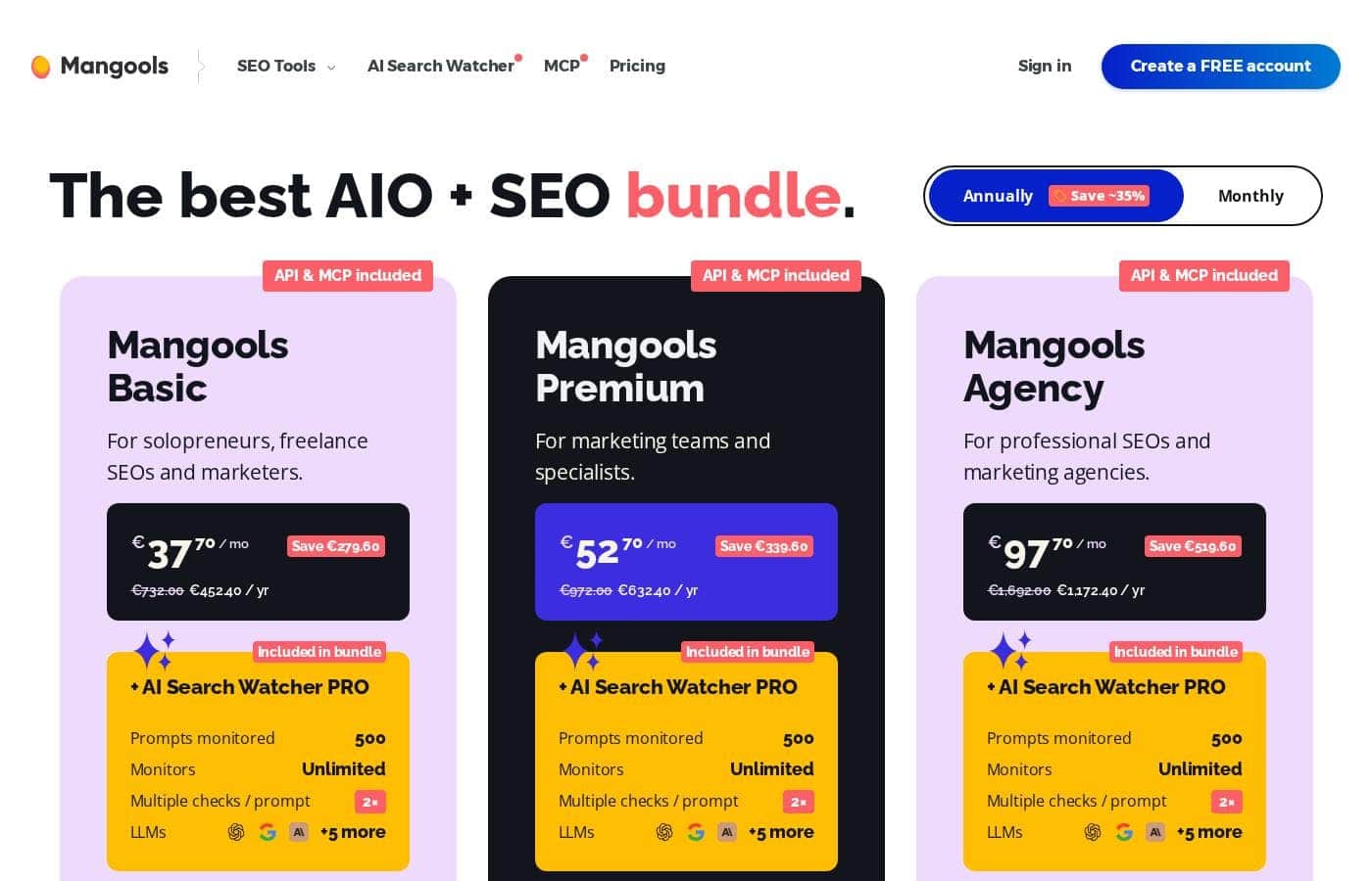 Mangools pricing page screenshot