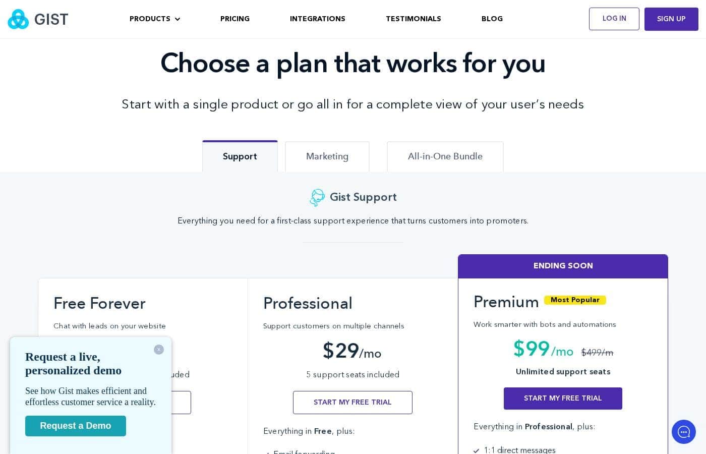 Gist pricing page screenshot