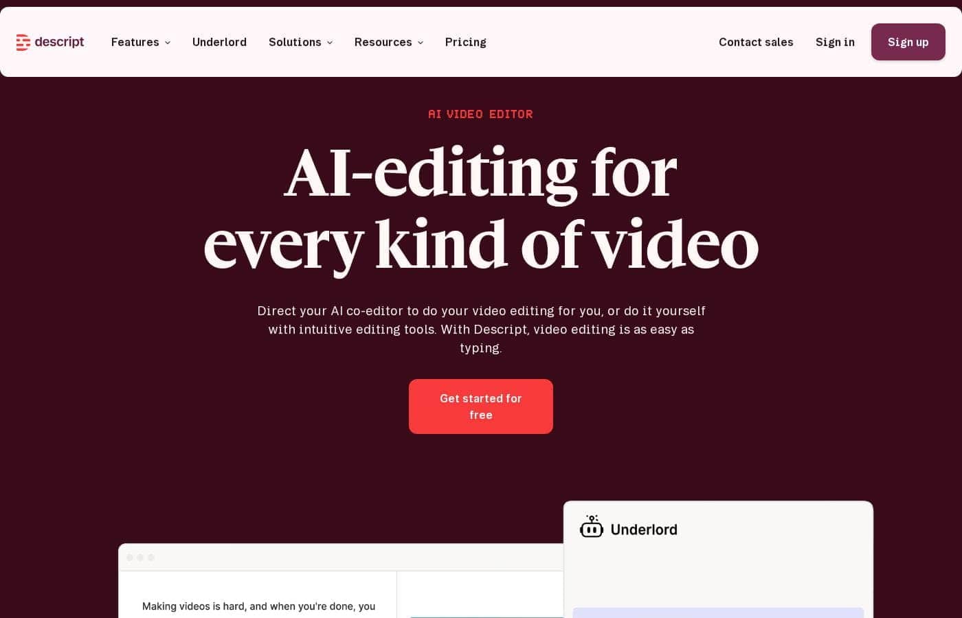 Screenshot della homepage di Descript
