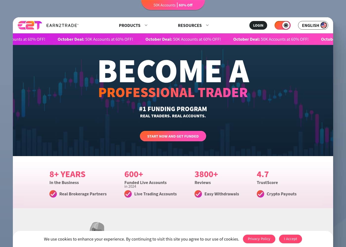 Earn2Trade 홈페이지 스크린샷