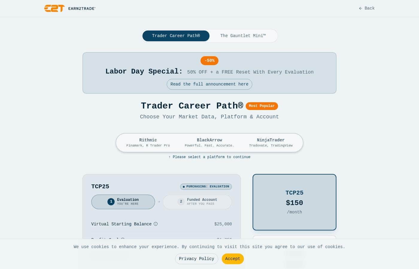 Earn2Trade pricing page screenshot