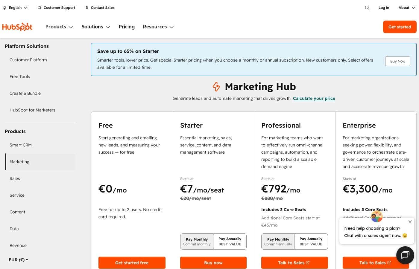 Hubspot pricing page screenshot