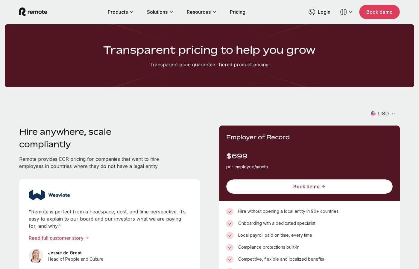 Remote.com pricing page screenshot