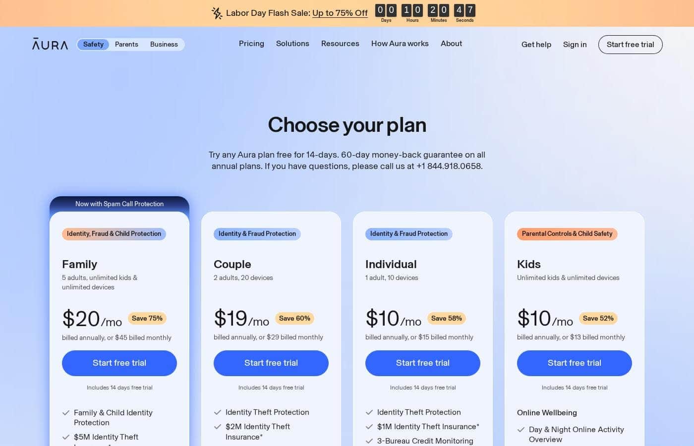 Aura pricing page screenshot