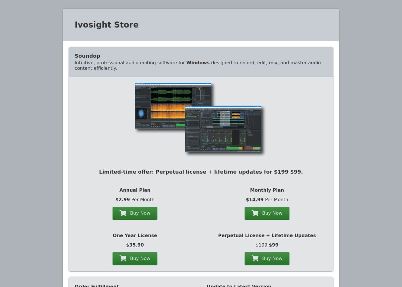 Soundop Audio Editor pricing page screenshot