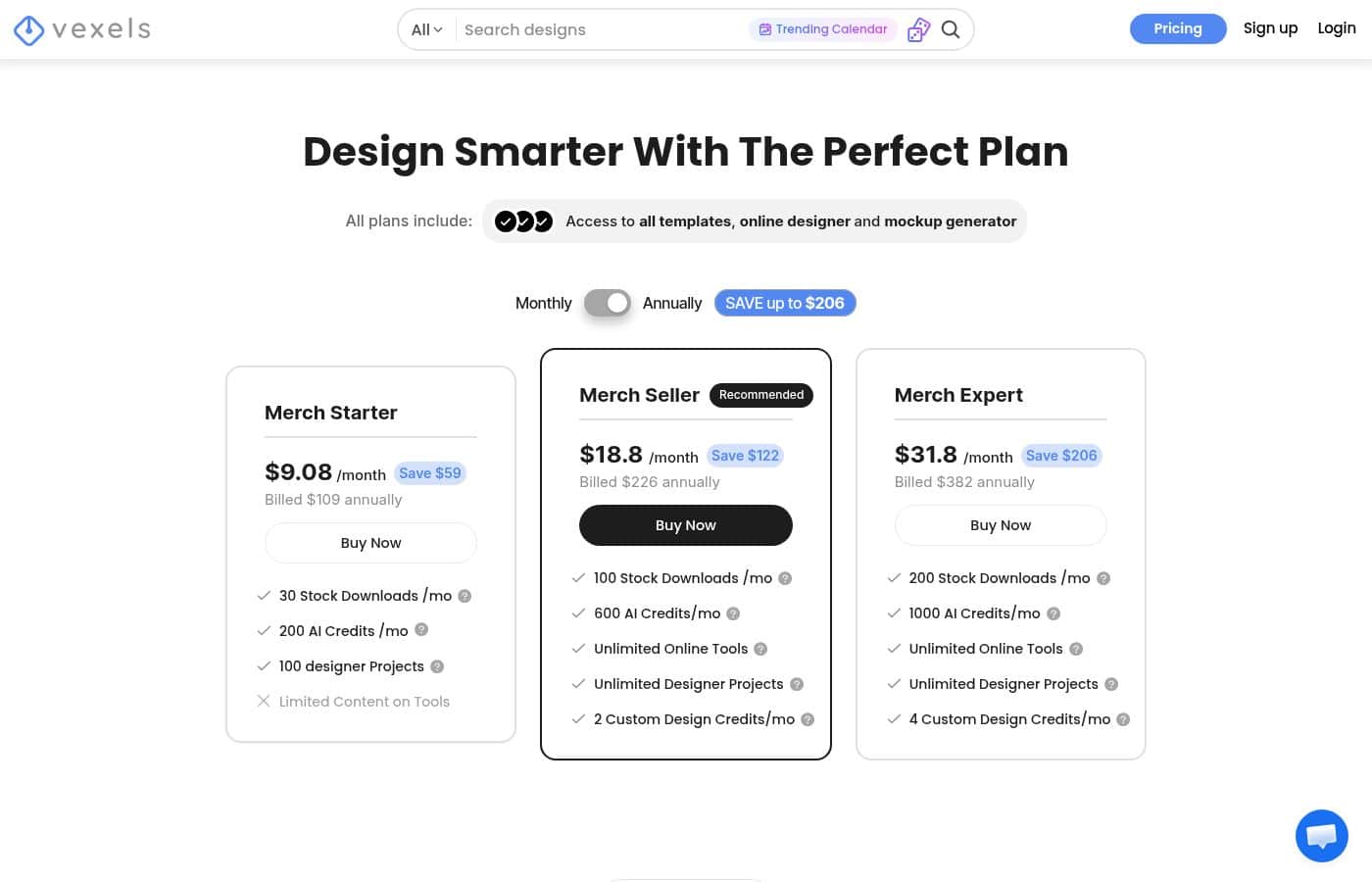 Vexels pricing page screenshot