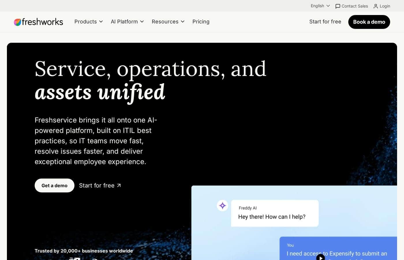 Capture d'écran de la page d'accueil Freshservice by Freshworks