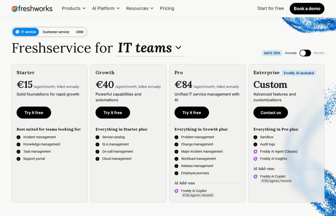 Capture d'écran de la page tarifs de Freshservice by Freshworks