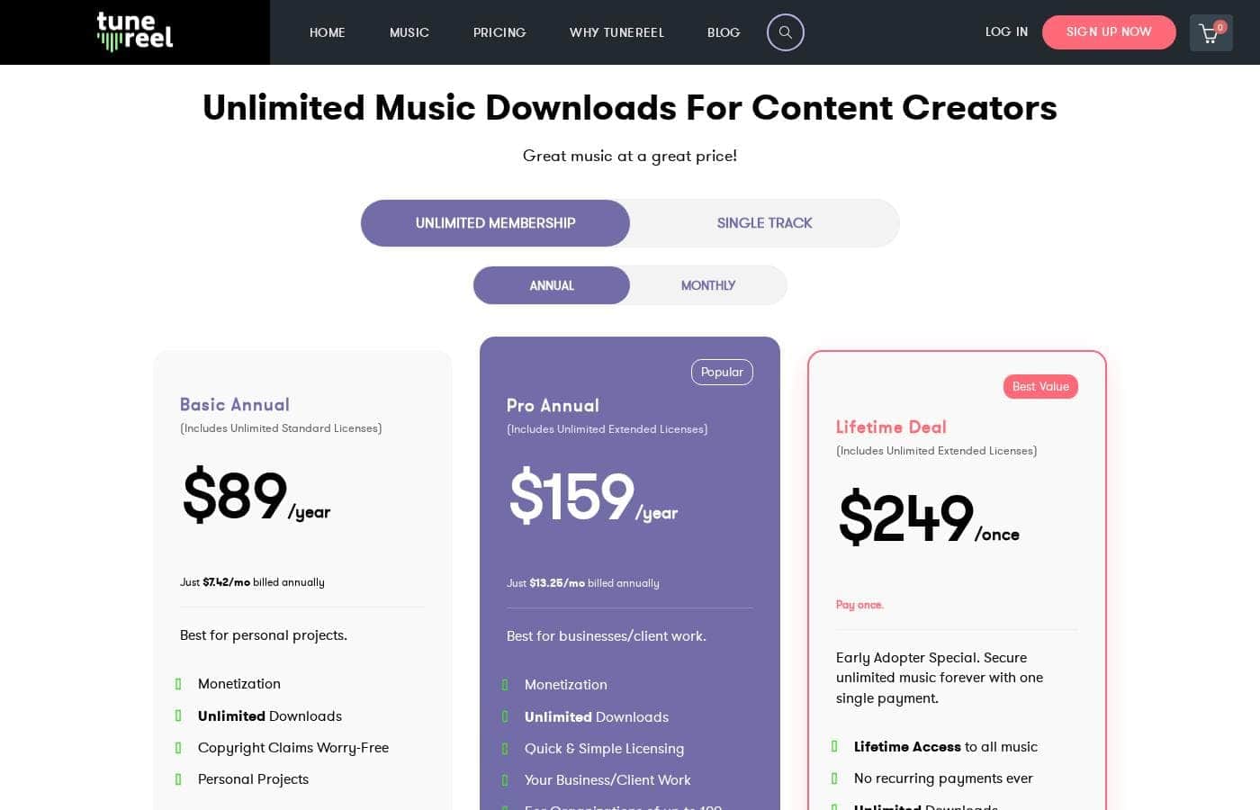 Capture d'écran de la page tarifs de TuneReel