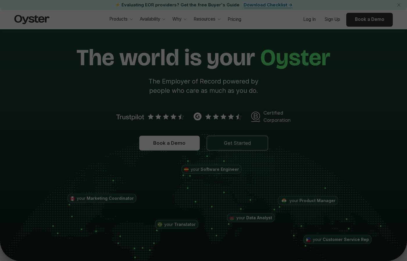 Captura de pantalla de la página de inicio de Oyster HR