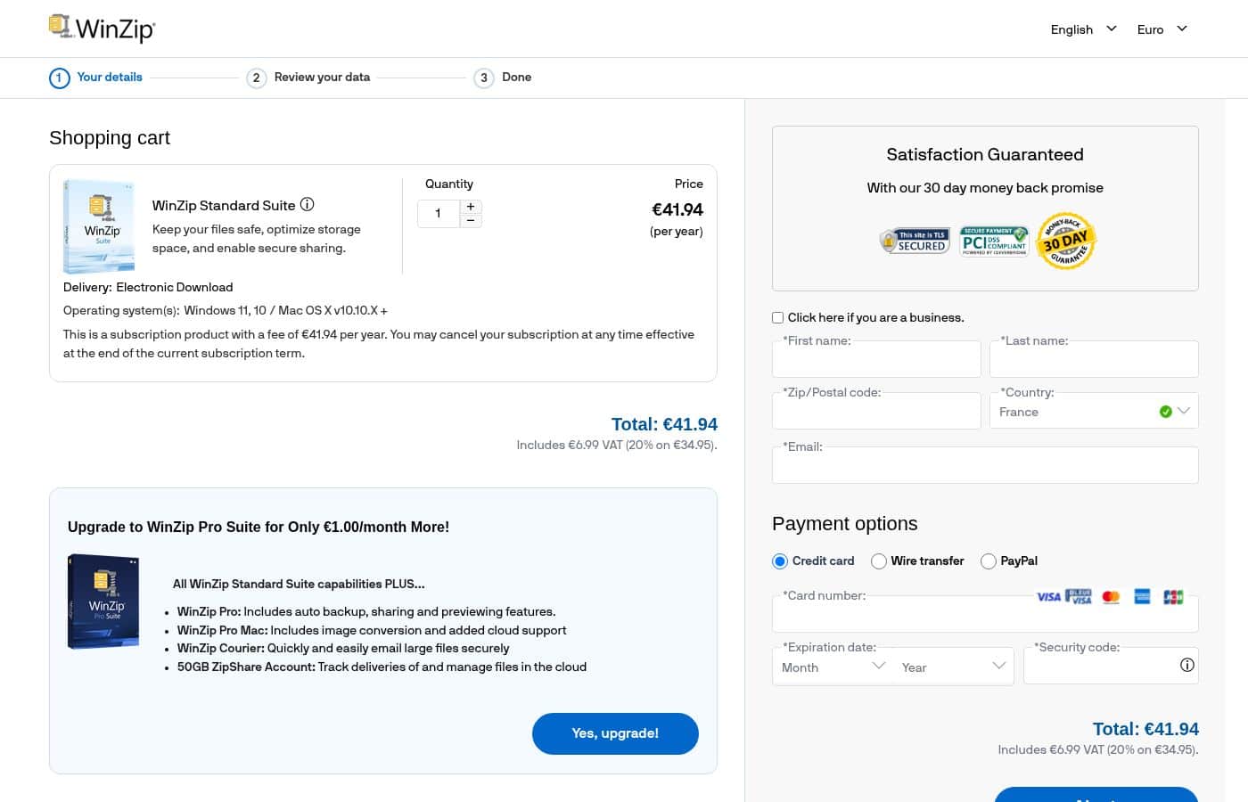 WinZip pricing page screenshot