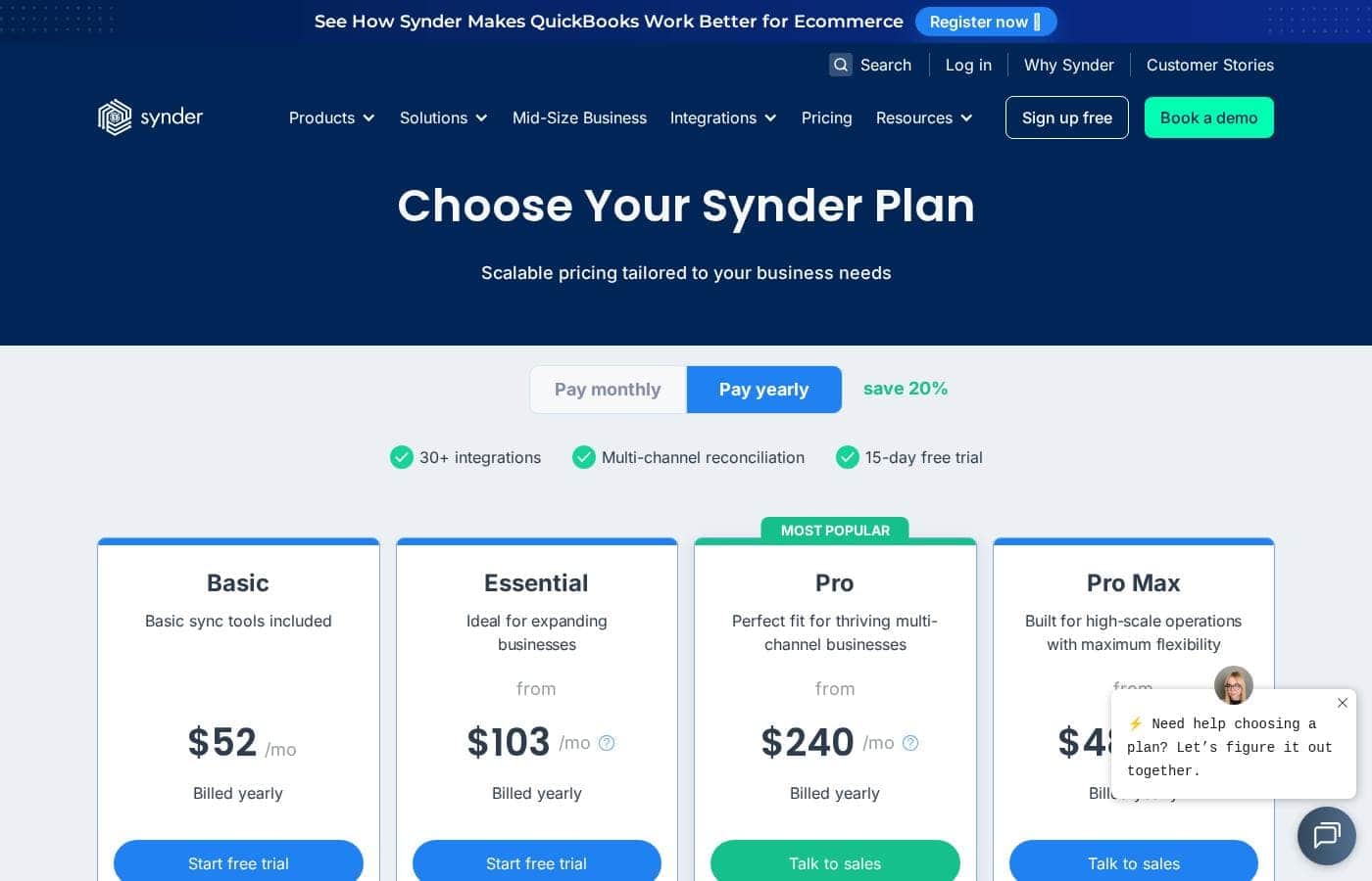 Synder pricing page screenshot