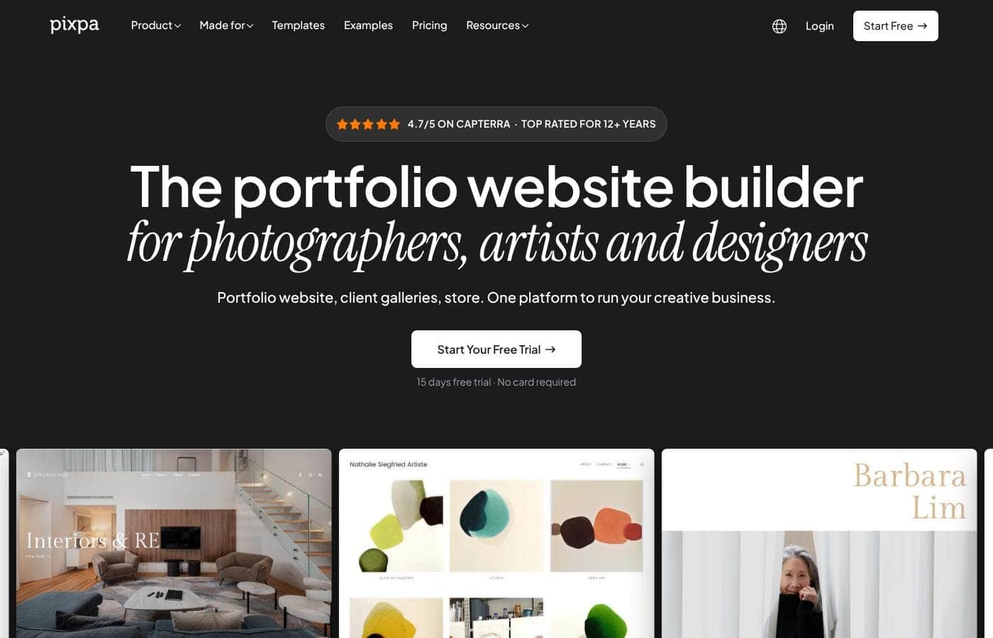 Screenshot della homepage di Pixpa