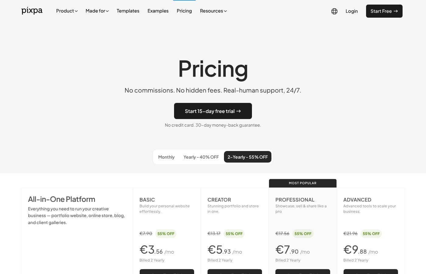 Screenshot della pagina prezzi di Pixpa