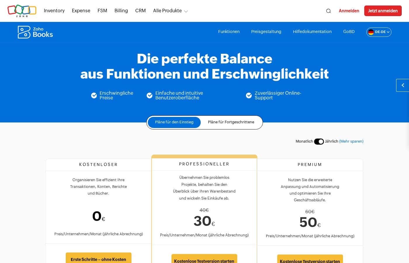 Zoho Books 가격 페이지 스크린샷