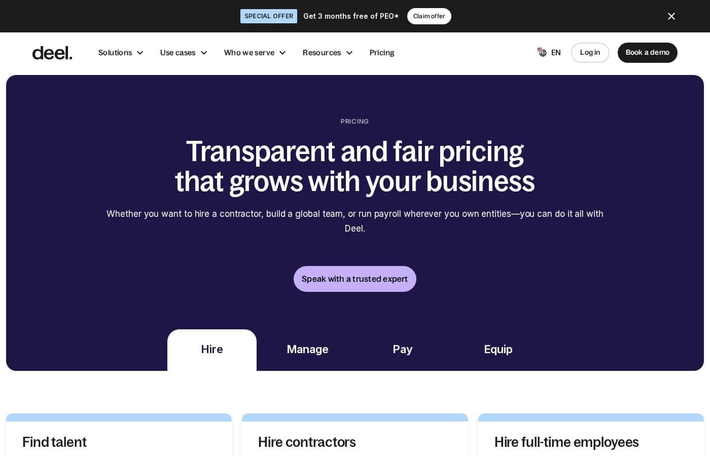 Deel pricing page screenshot