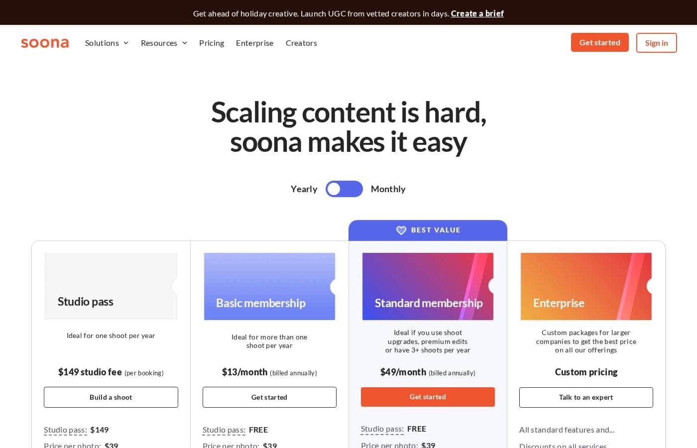 soona pricing page screenshot