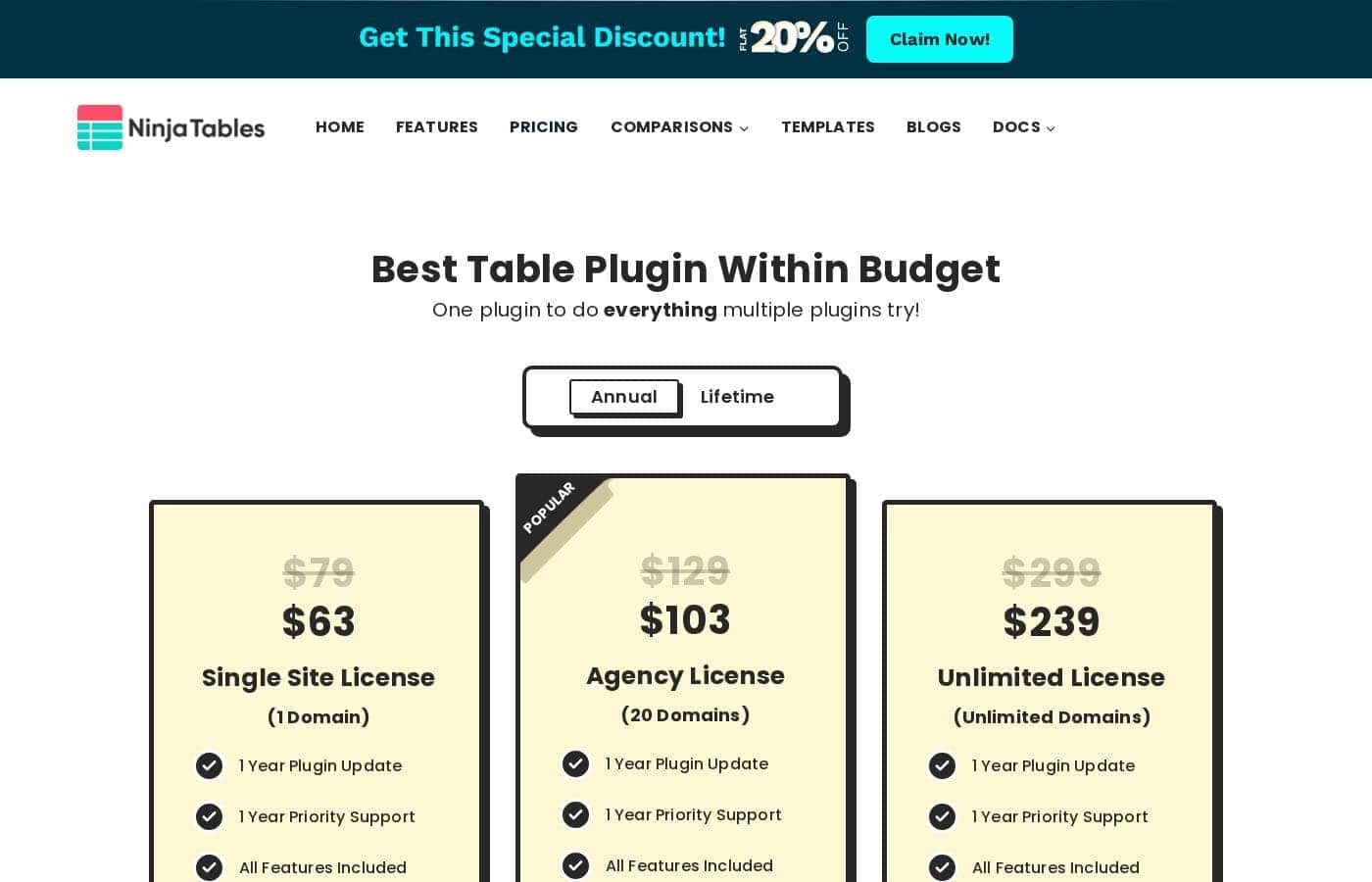 Zrzut ekranu cennika Ninja Tables