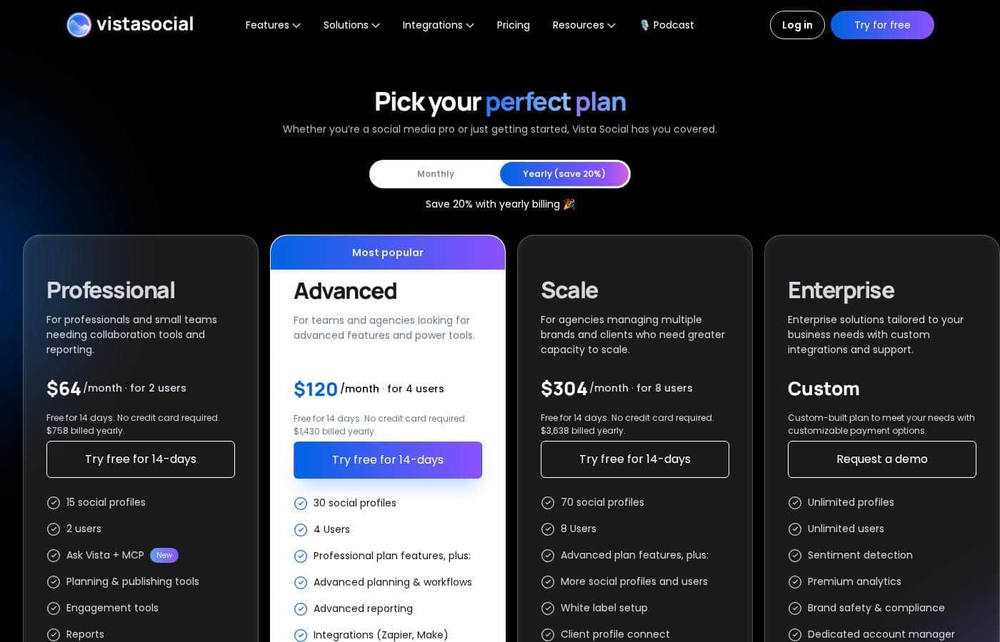 Vista Social pricing page screenshot