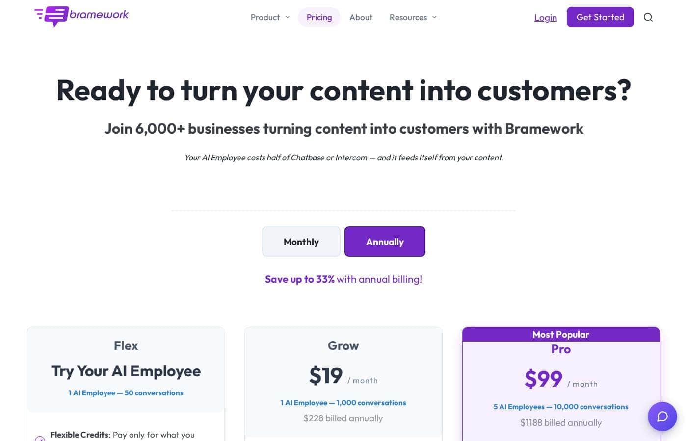 Bramework pricing page screenshot